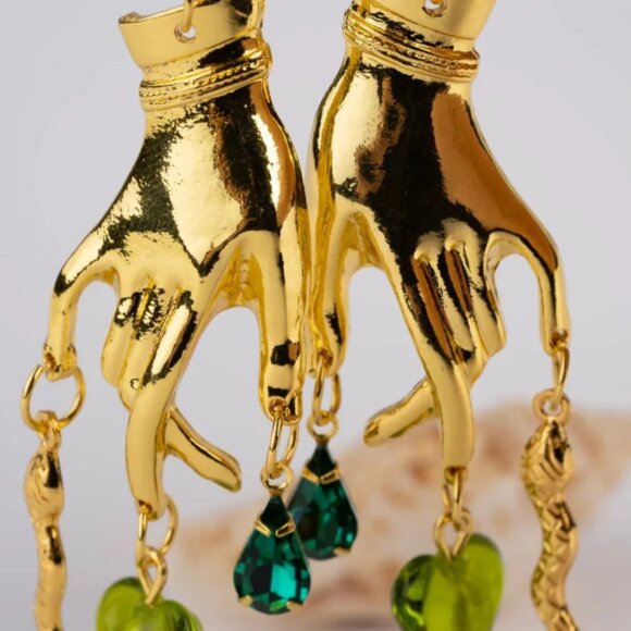 Gold Gothic/Punk Golden Hand and Snakes Earrings Green - Picture 3 of 4